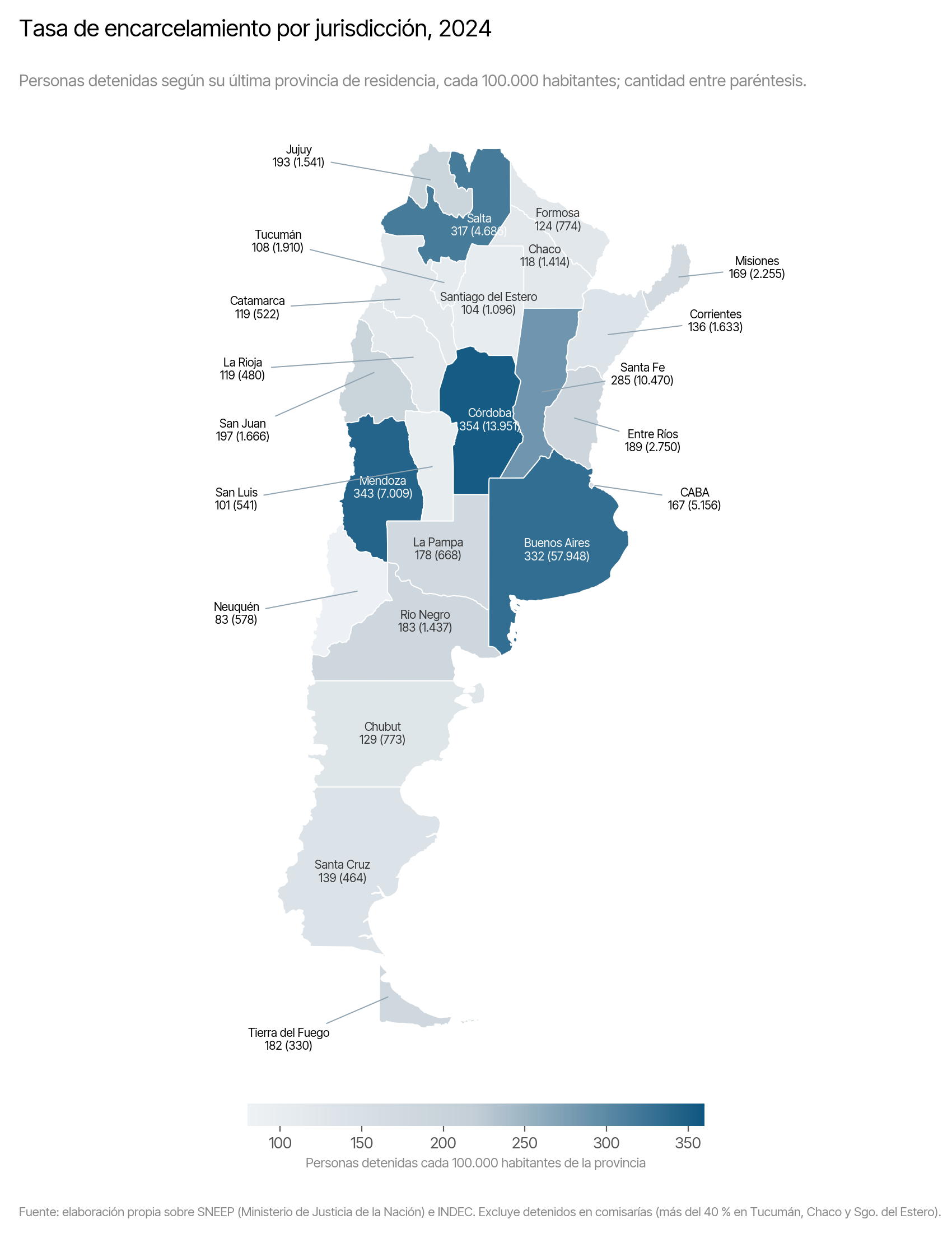 Mapa de la tasa de encarcelamiento por provincia de residencia, 2024