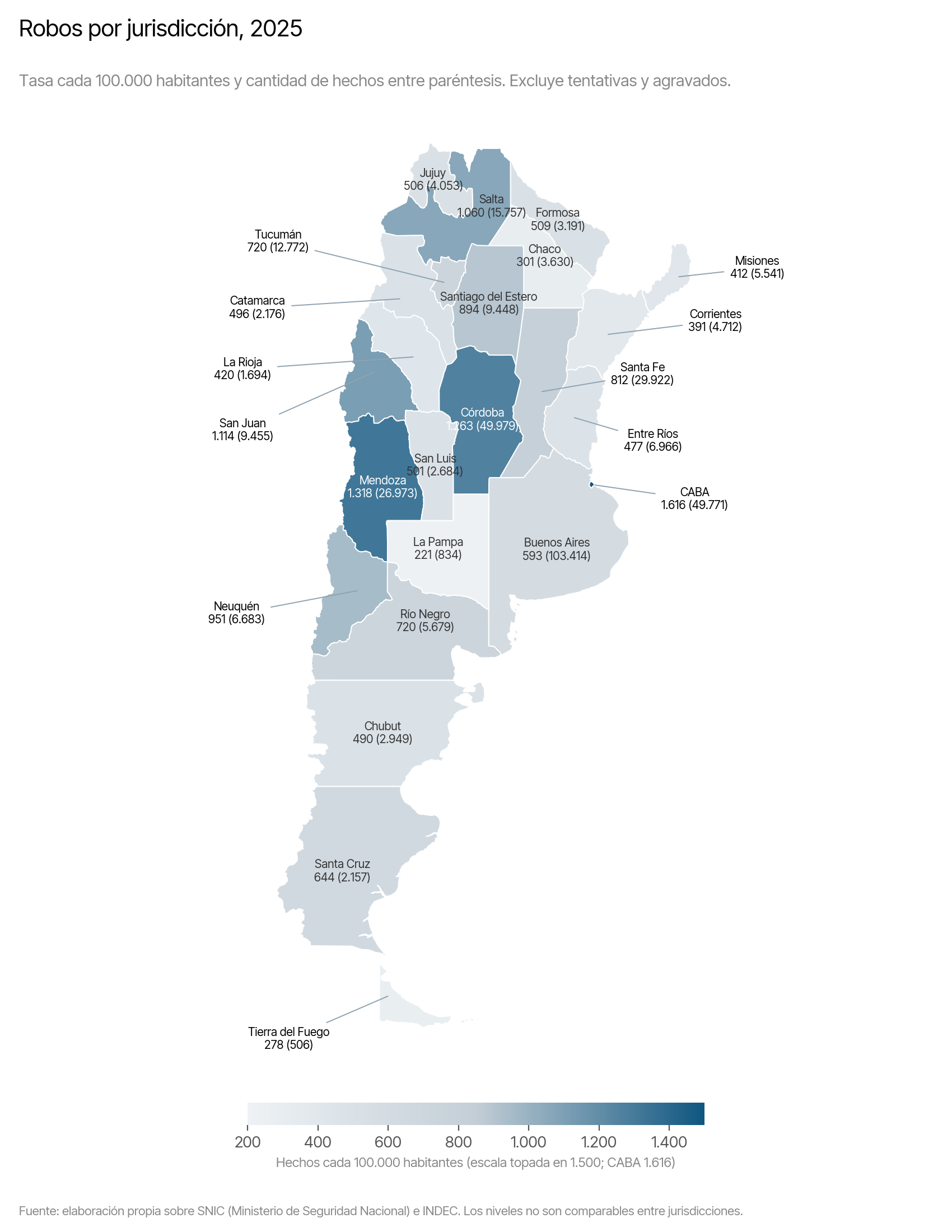 Mapa de la tasa de robos por jurisdicción en Argentina en 2025, con cantidad de hechos